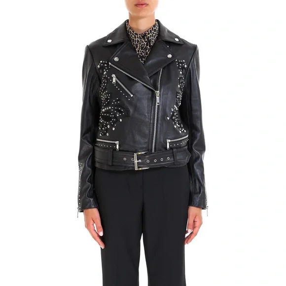 Like New MICHAEL Michael Kors Studdded Belt Biker Jacket 100% Real Lamb Leather - Picture 1 of 14